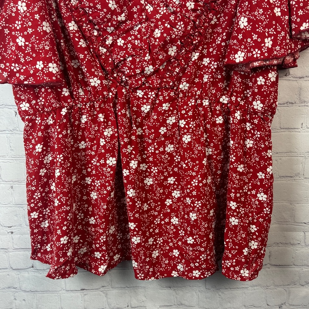 BloomChic Red & White Floral V Neck Ruffle Trim Short Sleeve Top Plus Size 3X - Picture 5 of 7